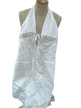 miguelina Honeymoon bridal white LINEN halter border anglaise dress M